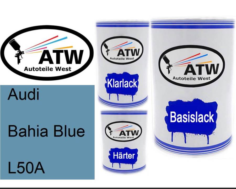 Audi, Bahia Blue, L50A: 500ml Lackdose + 500ml Klarlack + 250ml Härter - Set, von ATW Autoteile West.